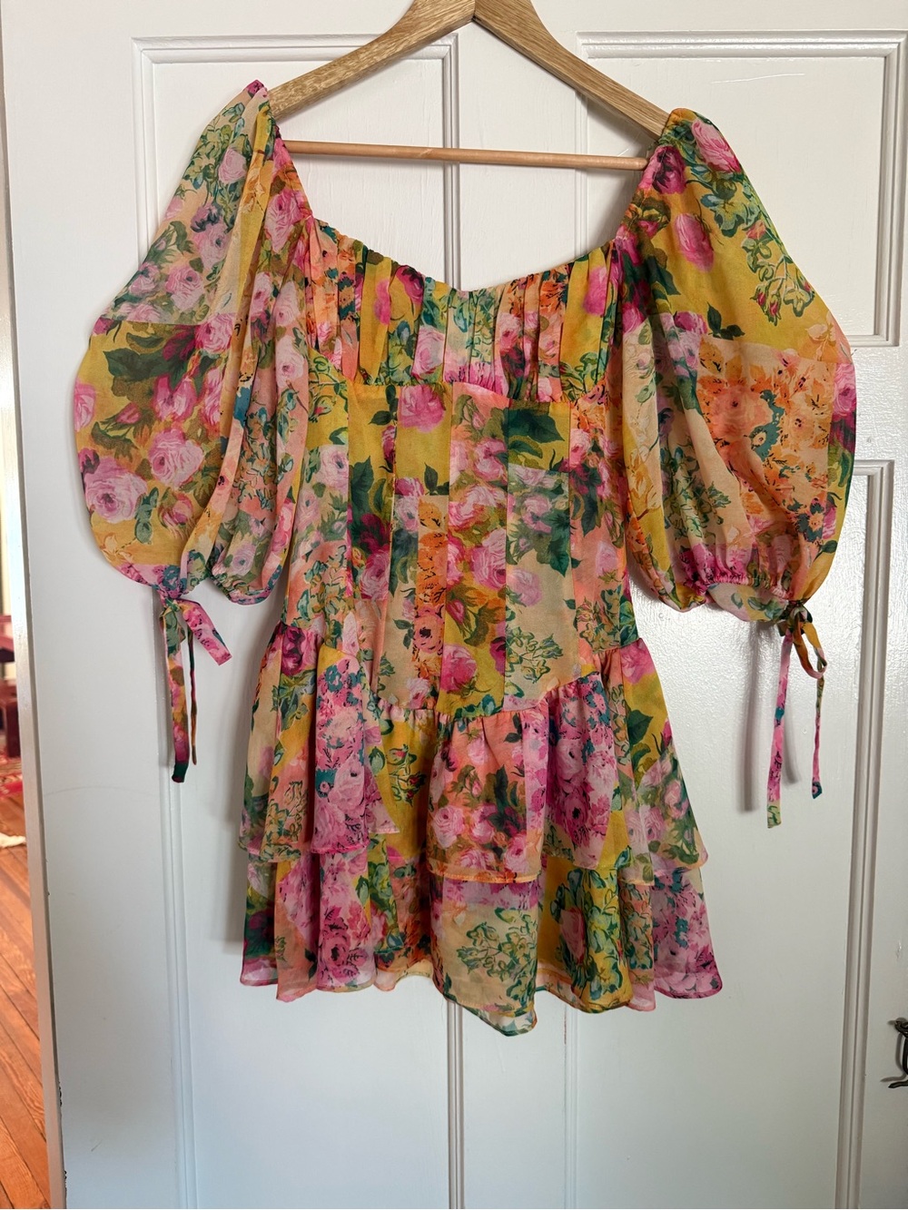 For Love And Lemons Yellow Floral Puff-Sleeve Mini Dress